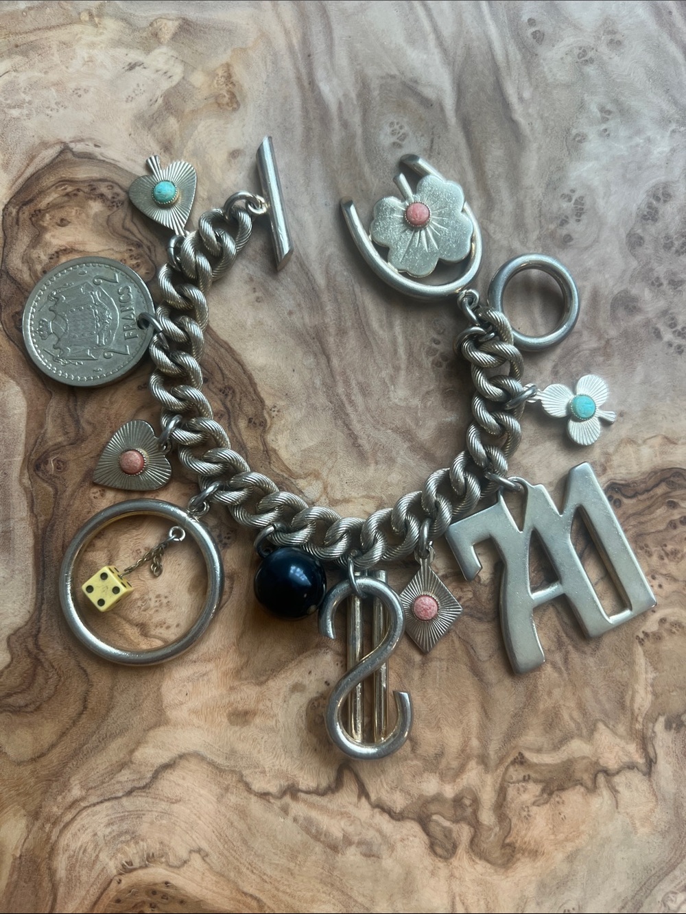 Vintage card deck Charm Bracelet with spade, heart, diamond and club, $ and luck